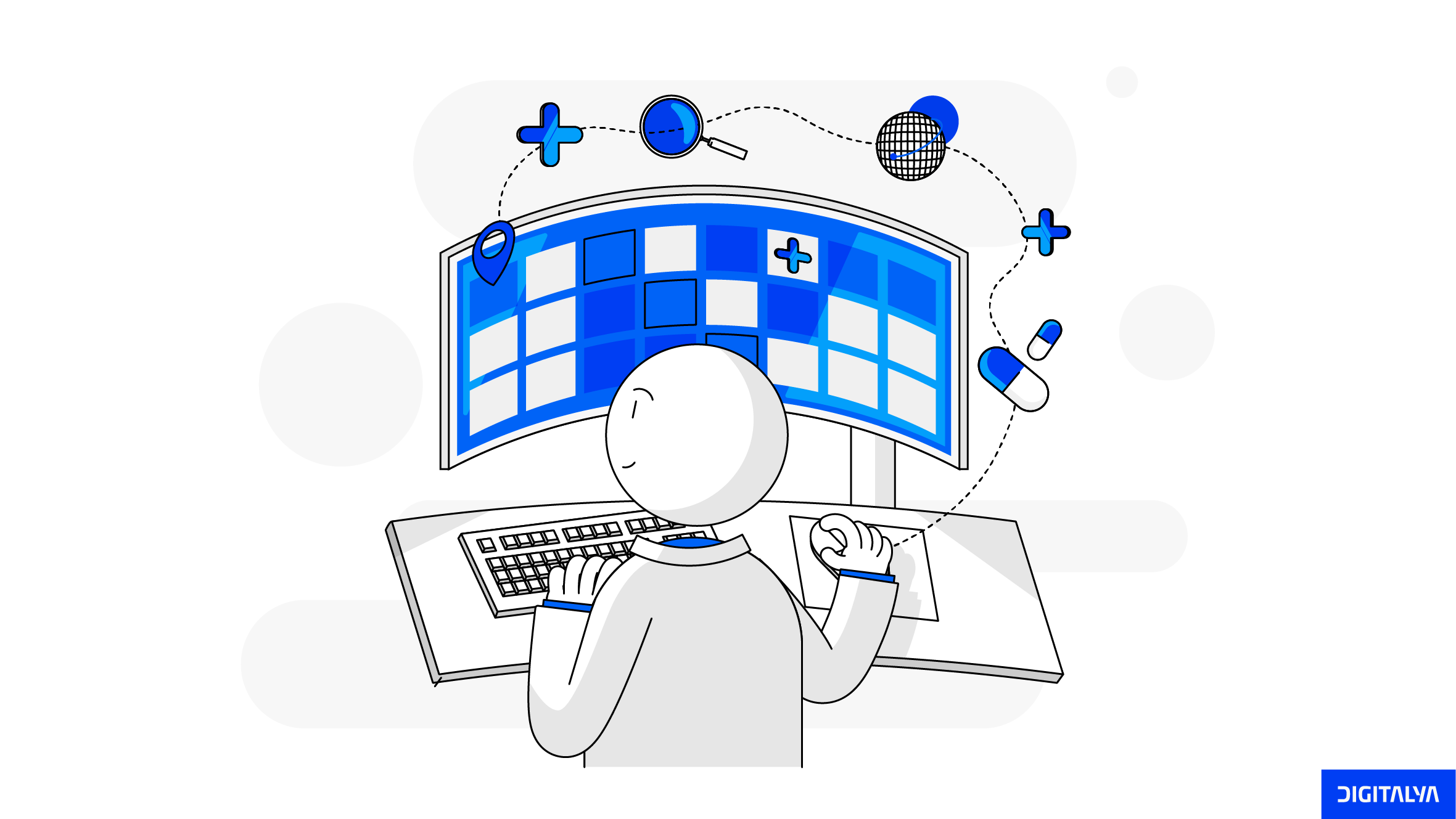 Person at a computer with a curved screen displaying blue icons and graphics, symbolizing technology and health connections.